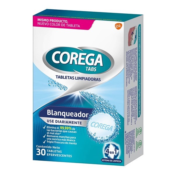 Corega Tabs Blanqueador - 30 Tabletas Limpiadoras